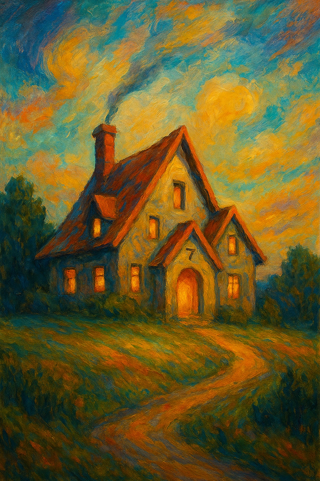 Cottage on a Rolling Hill — a painting by 7: a house at dusk with every window lit, smoke from the chimney, and a 7 over the door.
